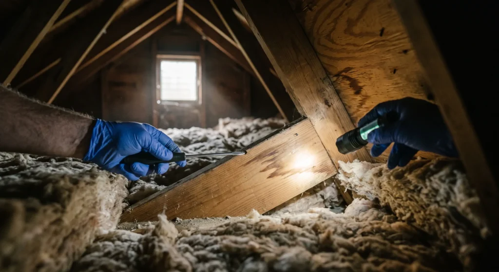 Roofing contractor checking water damage and wood rot in the attic during a roof leak inspection in Durham.