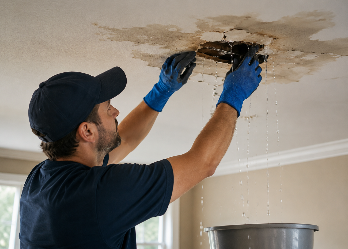 Roof leak repair for water damage.