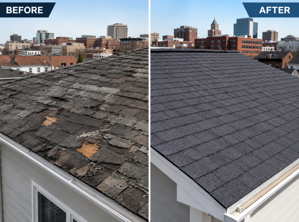 Before and after roof repair in Durham NC