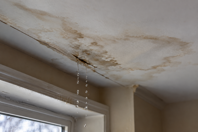 Water-damaged ceiling from a roof leak.