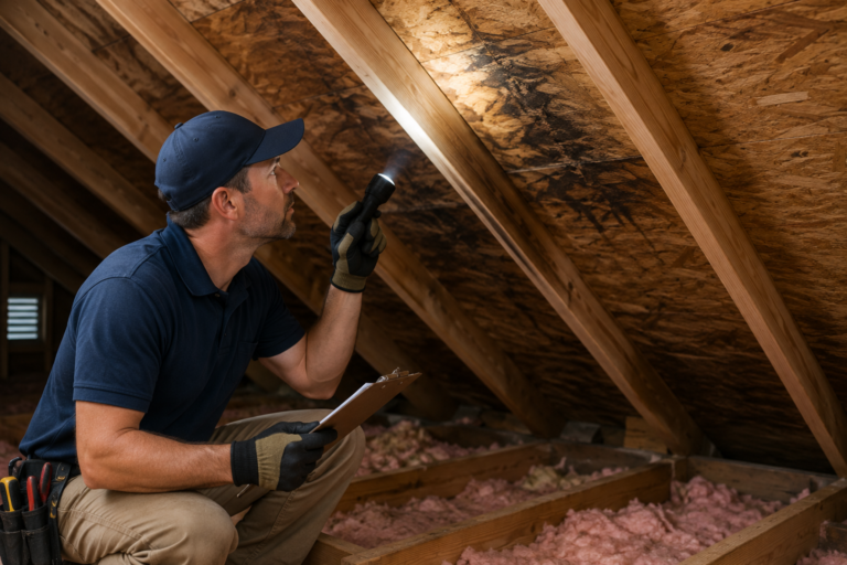Attic inspection for roof leaks.