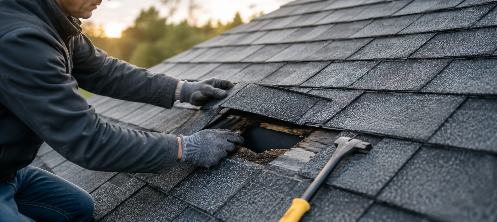 Roofer Replacing Damaged Decking and Architectural Shingles Durham NC