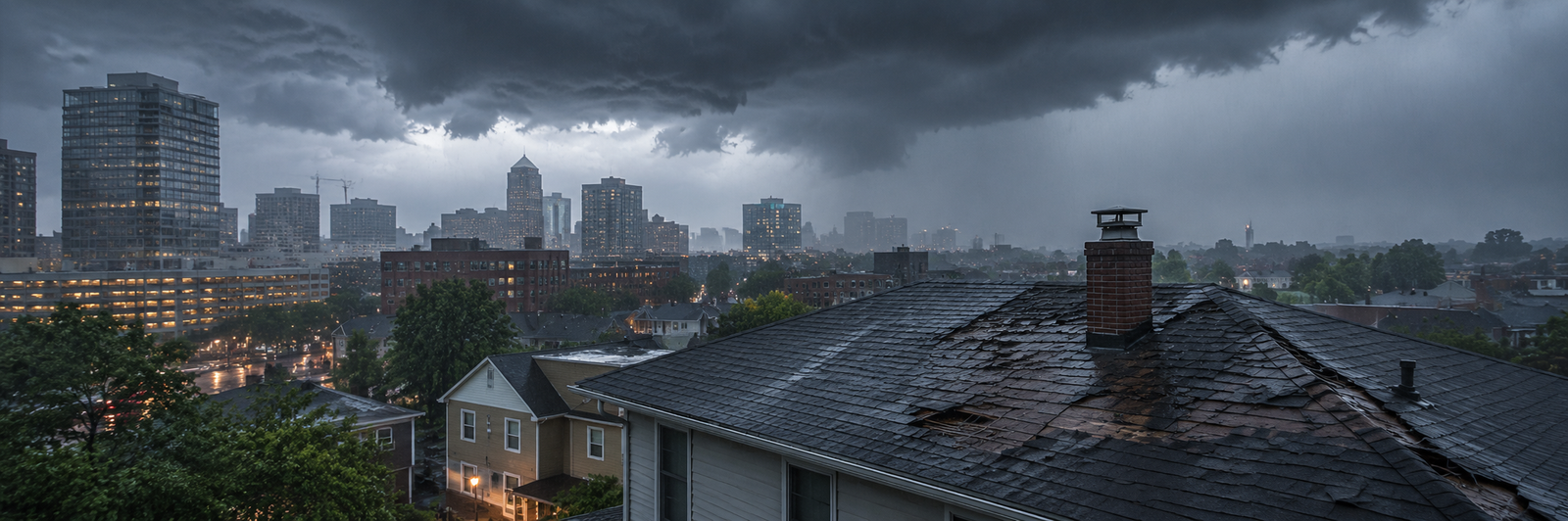 Durham Skyline Under Storm Clouds and Hail Damaged Roof Ridge Inspection