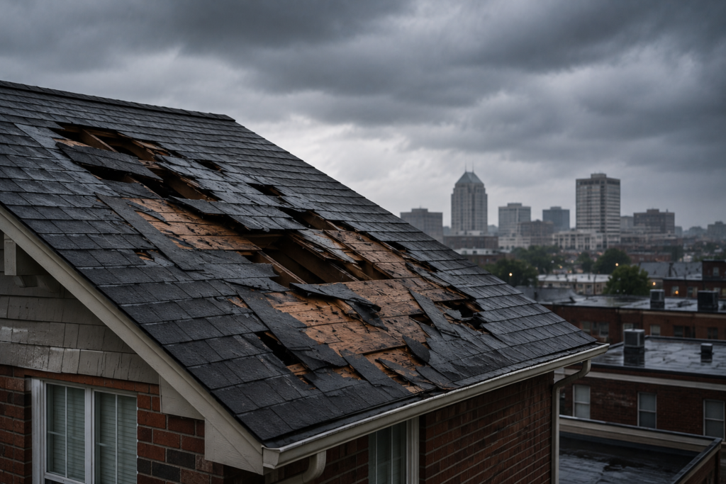 Storm-damaged roof with missing shingles in Durham, NC