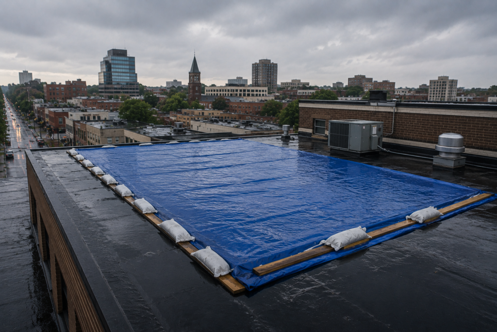 Emergency roof tarping on a commercial building in Durham, NC after storm damage