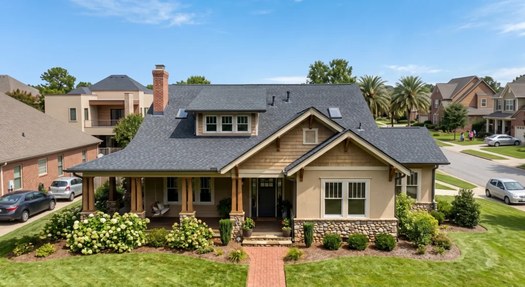 Brand new architectural asphalt shingle roof completed on a residential house in Durham NC