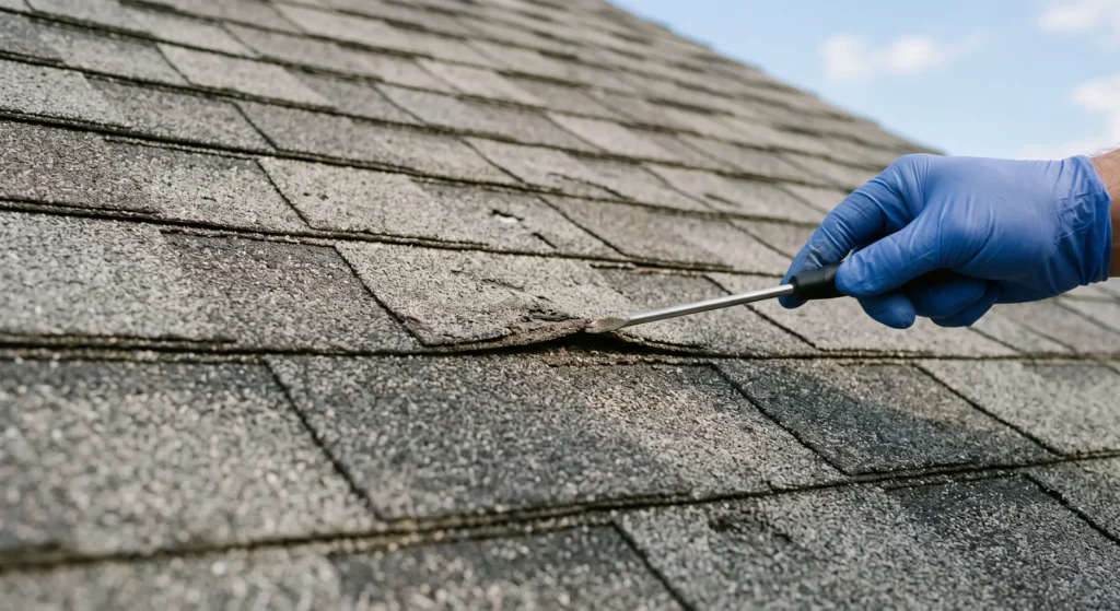 Contractor inspecting cracked and damaged asphalt roof shingle for repair in Durham.
