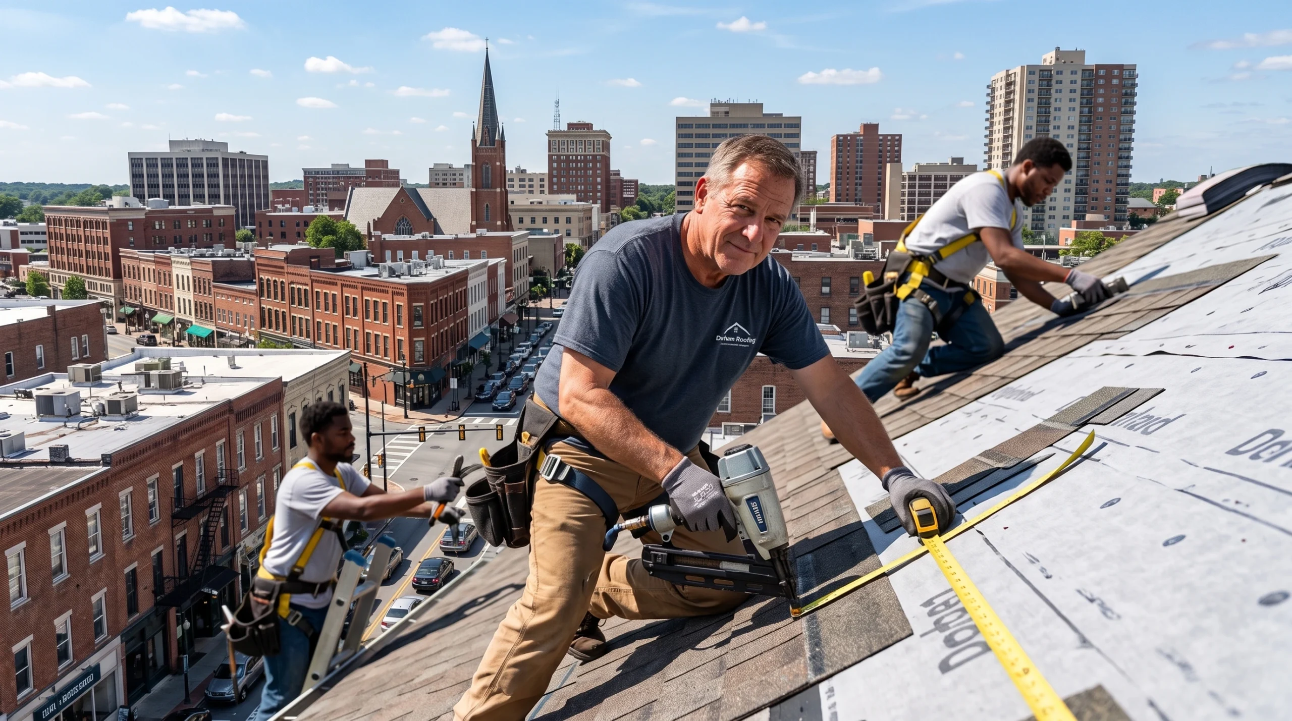 Professional roof repair contractors working on a residential roof in Durham NC