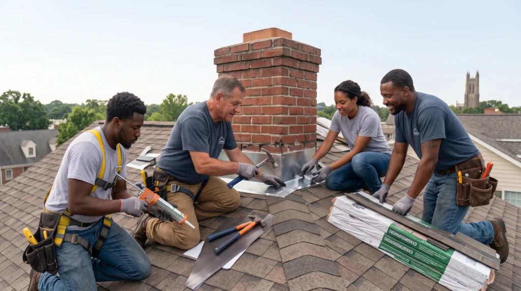A team of diverse roofers installs flashing around a brick chimney on a house.