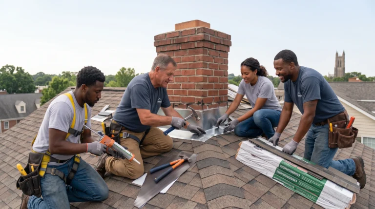 A team of diverse roofers installs flashing around a brick chimney on a house.