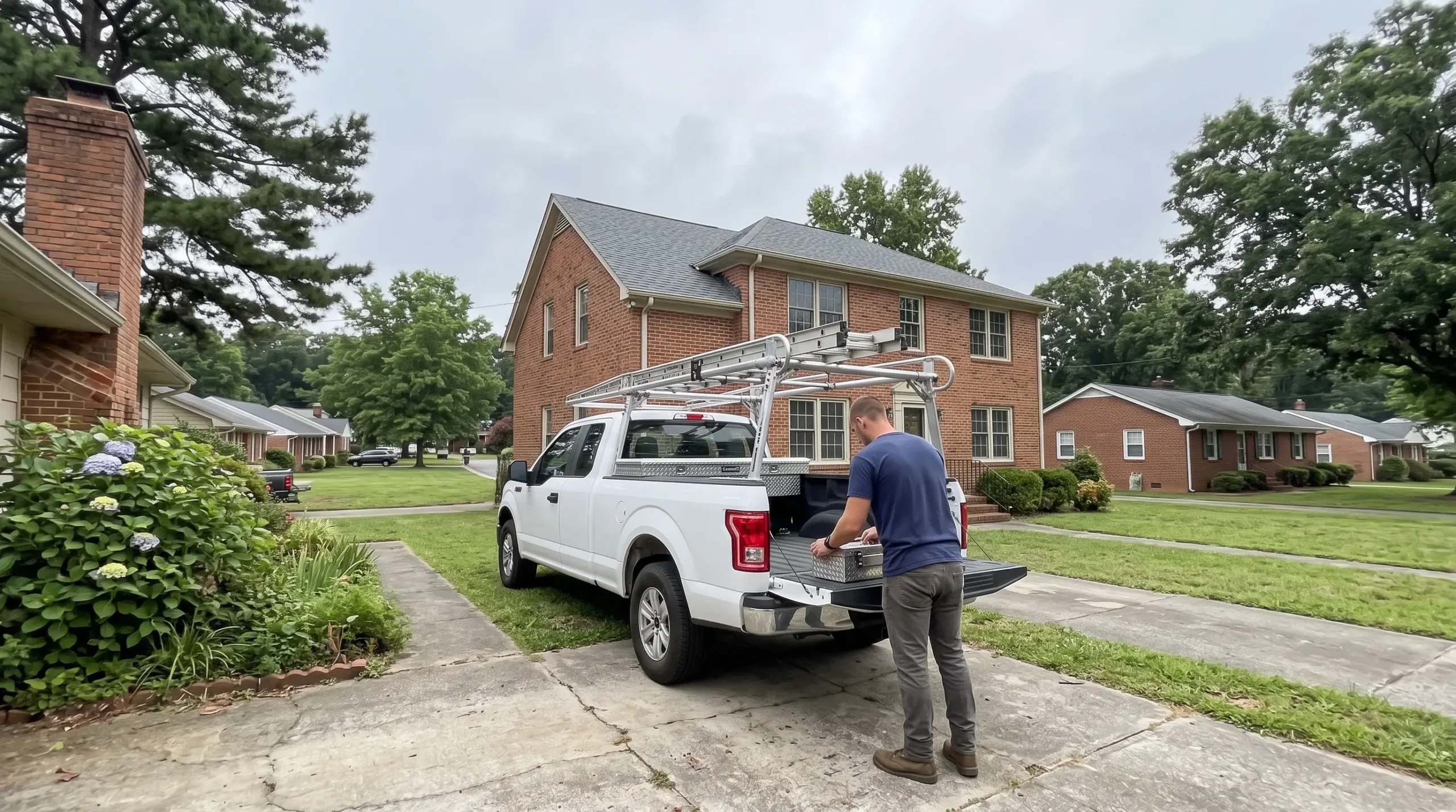 Roofing contractor arriving in a service truck to perform residential roof repair in Durham NC.