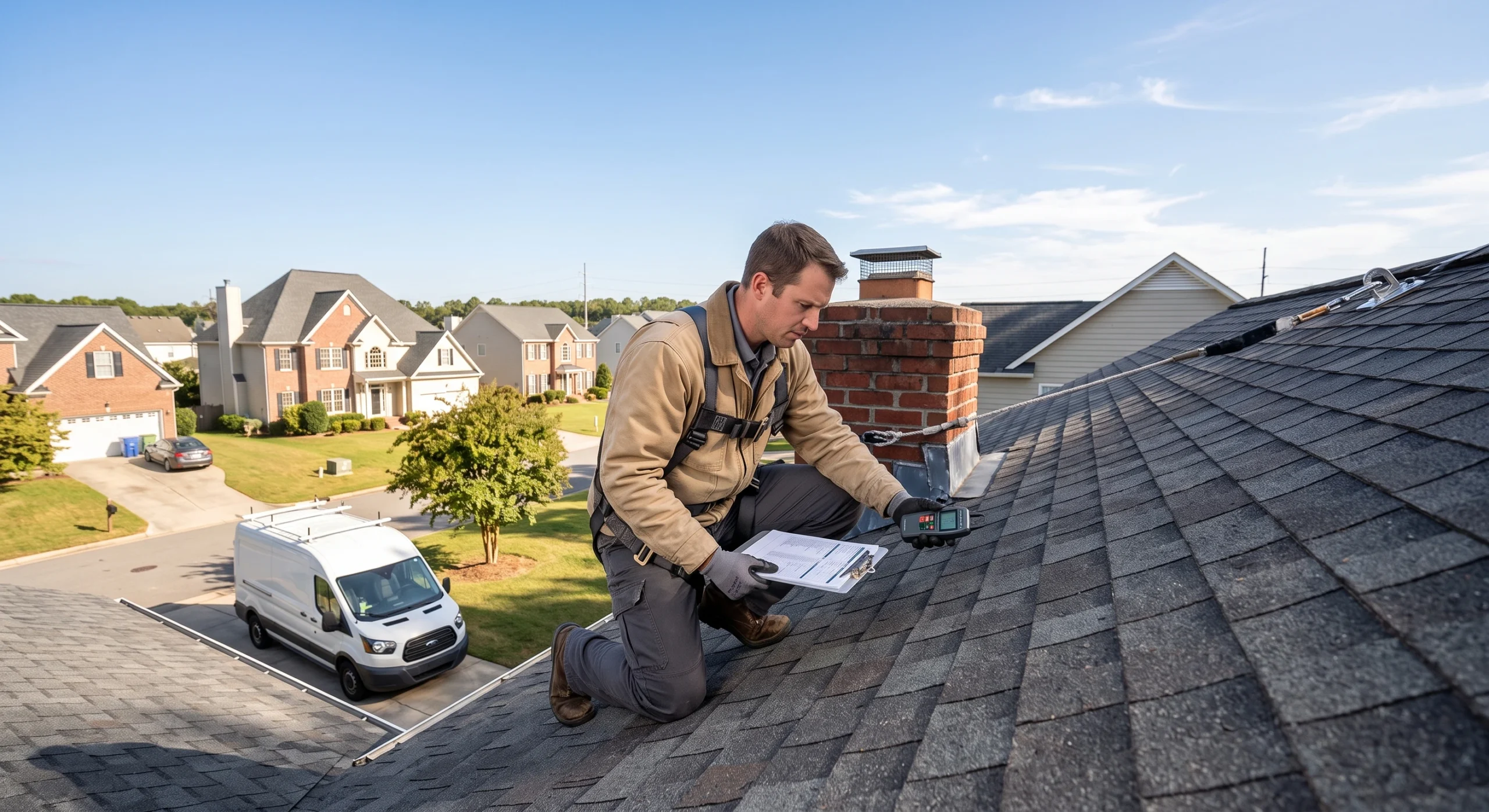 Professional Roof Inspection Team assessing shingles in Durham NC