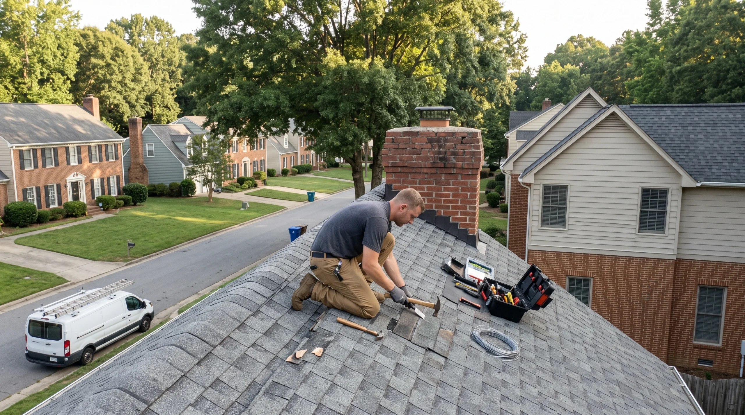 Professional roof repair contractor working on a roof in Durham NC