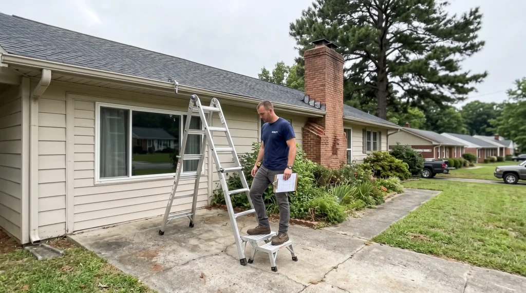 Roofing inspector with a clipboard climbing a ladder to assess residential roof damage in Durham NC.