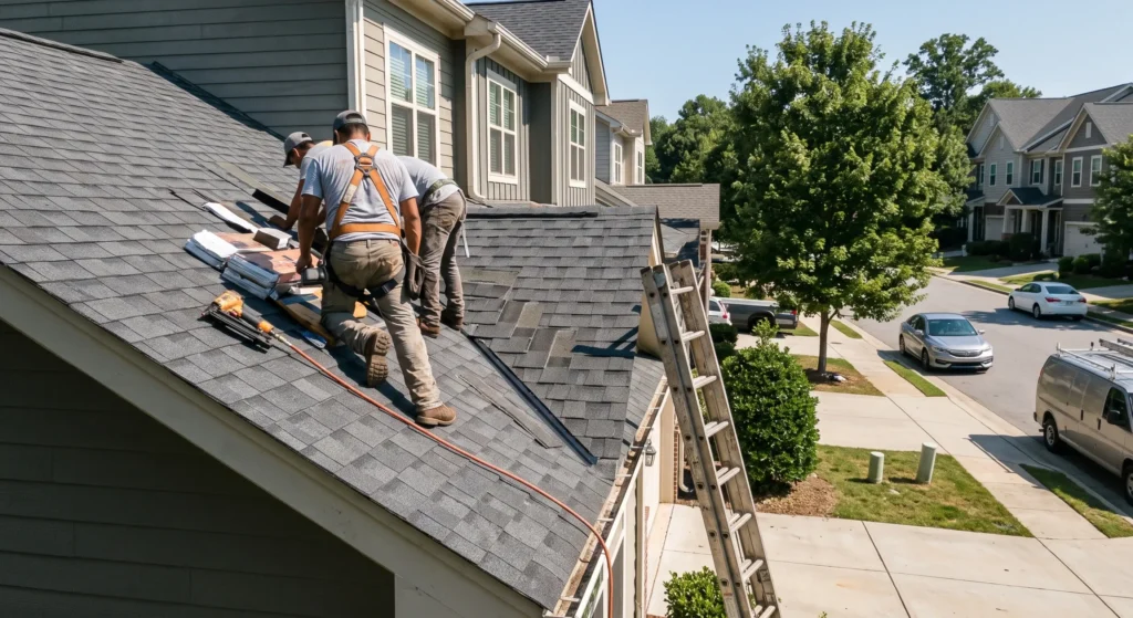 Roofing crew installing replacement asphalt shingles and repairing roof valley on a townhouse in Durham NC.