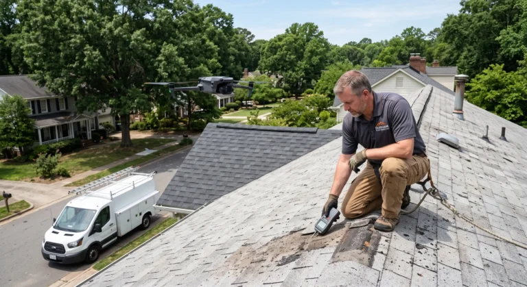 Roofing contractor using a moisture meter and drone for roof inspection and damage repair in Durham NC.