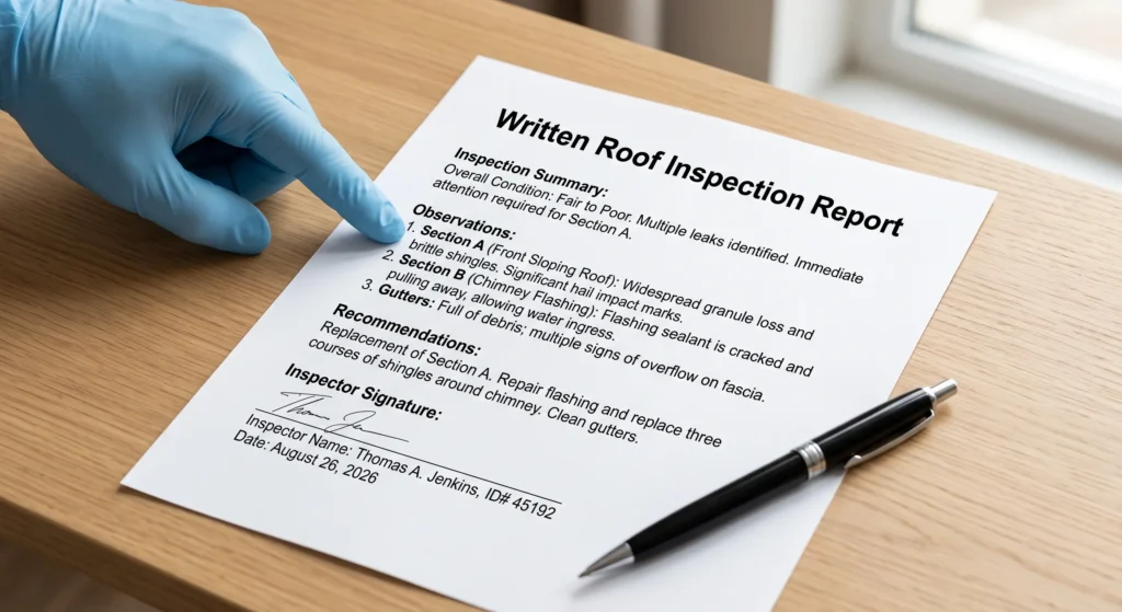 Official written roof inspection report detailing storm damage, leaks, and repair recommendations in Durham.