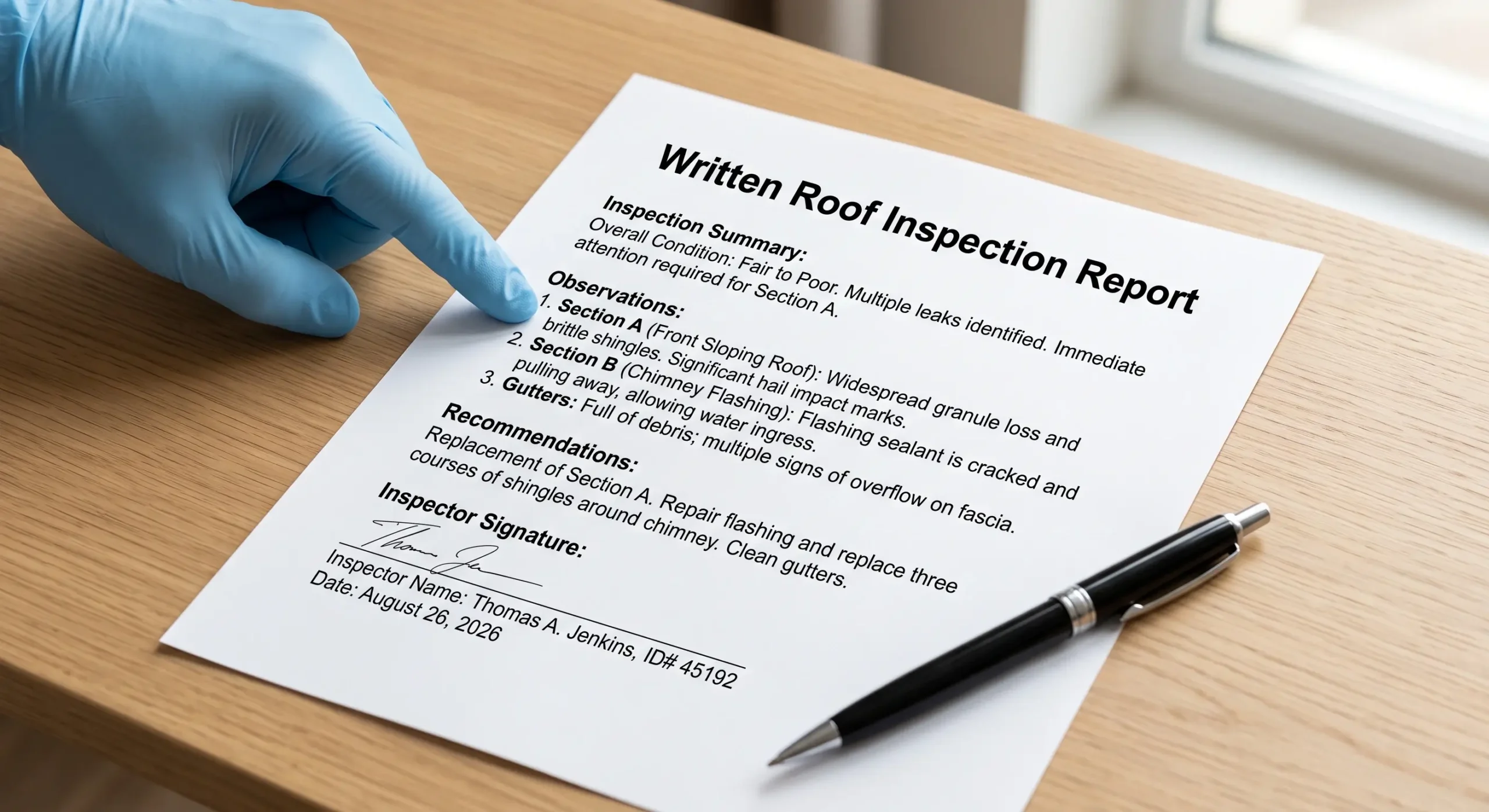 Official written roof inspection report detailing storm damage, leaks, and repair recommendations in Durham.