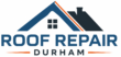 Professional blue and charcoal roofing logo with orange accent and “Roof Repair Durham” text.