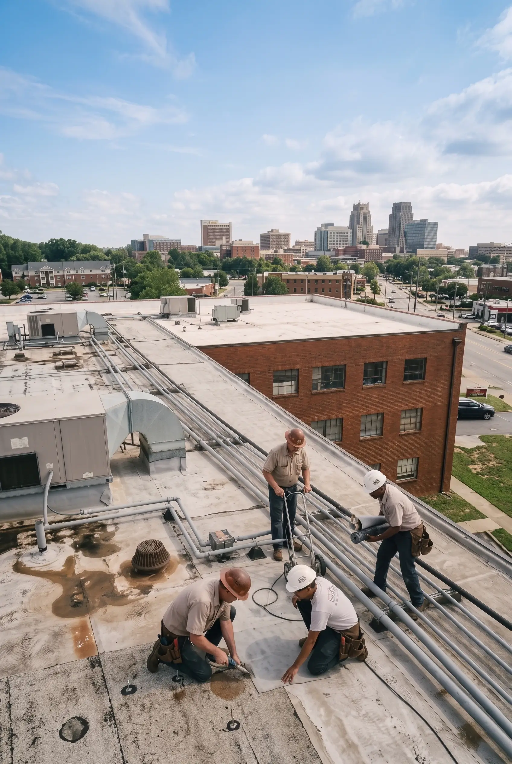 Commercial flat roof repair services team working on building in Durham NC