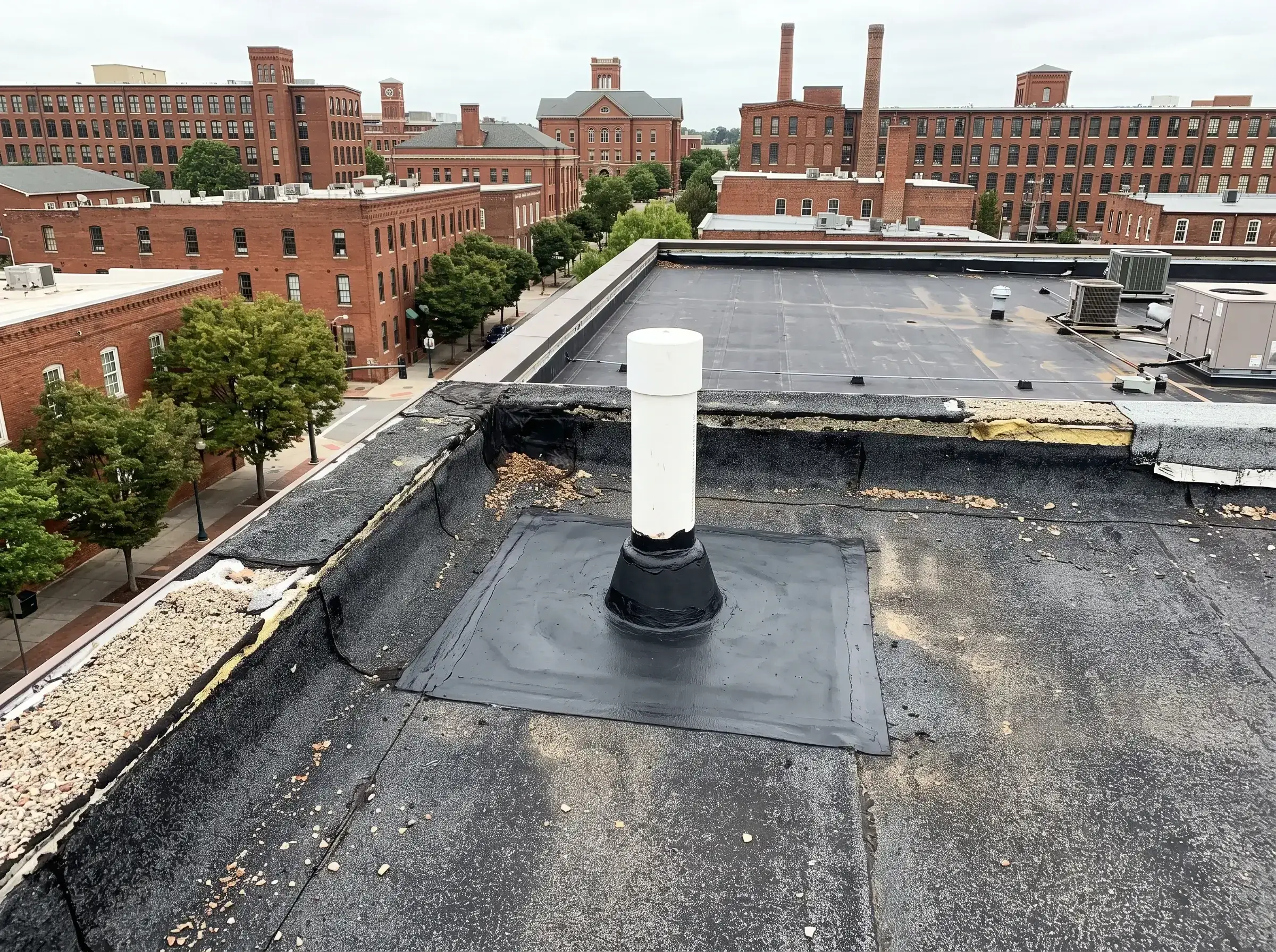 Commercial Flat Roof Vent Pipe and Membrane Leak Repair Durham NC