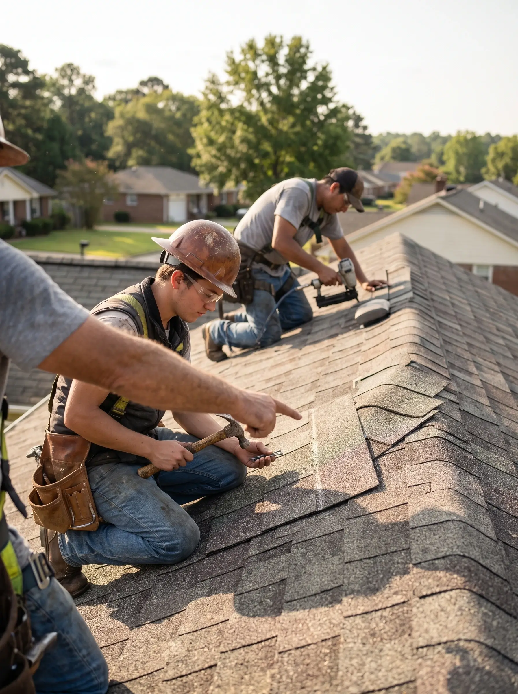 Residential roofing team repairing shingle roof on home in Durham NC