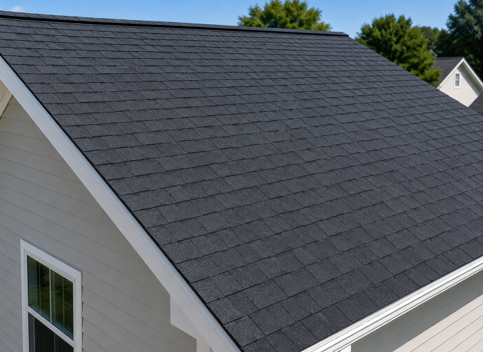 Completed roof leak repair with new chimney flashing in Durham.